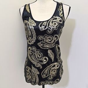 APT. 9 size Large Black Gold Sequined Pasiley Print Tank Classic Glam Scoop Neck